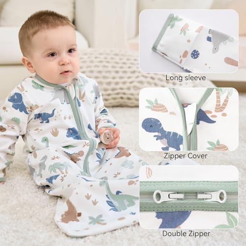 FIEMOL Baby Sleep Sack 6-12 Months, Long Sleeve Baby Wearable Blanket 0.5 Tog with Mittens, 2-Way Zipper Infant Cotton Sleeping Sack for Boy and Girl Green Dinosaur 2 Pack (Medium)