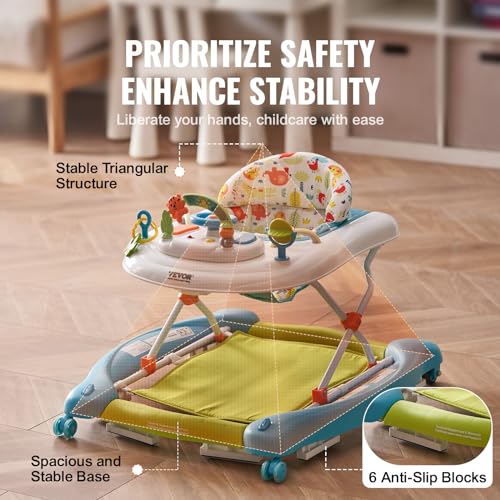 VEVOR 4-in-1 Baby Walker, Folding Baby Activity Center with Wheels, 3 Adjustable Height, Music & Toys Tray, Learning-Seated | Walk-Behind | Rocker | Bouncer Toddler Walker for Girls Boys 6-24 Months