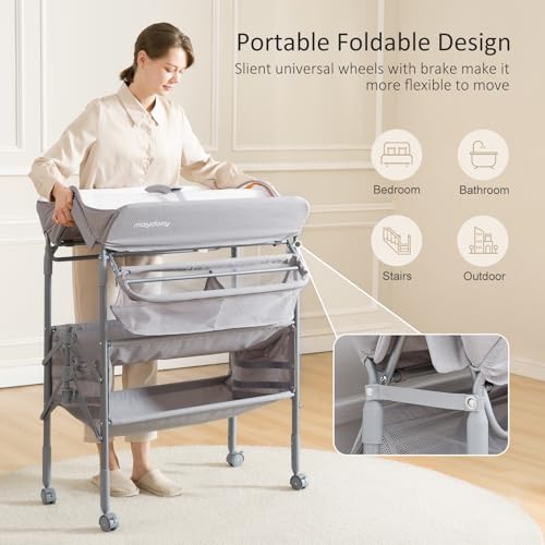 Maydolly Baby Changing Table, Maydolly Portable Foldable Changing Table, Waterproof Diaper Changing Station, Adjustable Height Changing Station, Mobile Nursery for Newborn and Infant