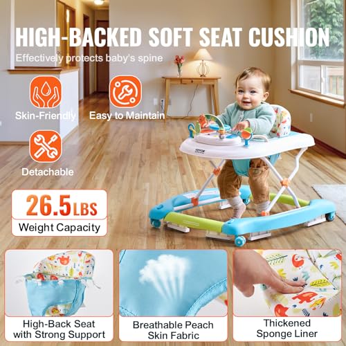 VEVOR 4-in-1 Baby Walker, Folding Baby Activity Center with Wheels, 3 Adjustable Height, Music & Toys Tray, Learning-Seated | Walk-Behind | Rocker | Bouncer Toddler Walker for Girls Boys 6-24 Months