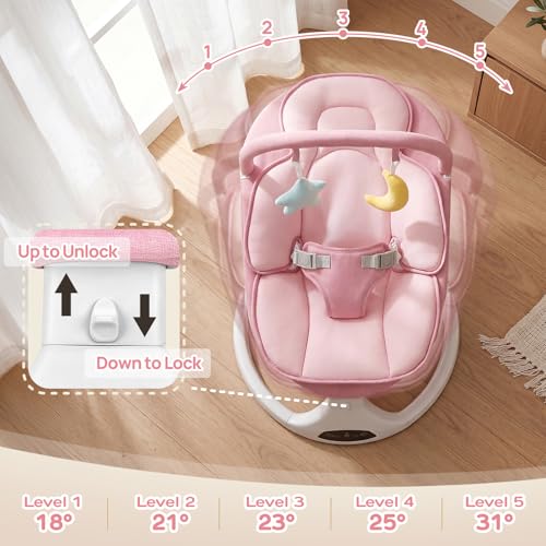 Electric Baby Swing with Remote Control - 5 Natural Motion Speeds, Detachable Seat Pad | Portable Infant Swing for Indoor/Outdoor Use (0-6M, 20lbs) (Pink)