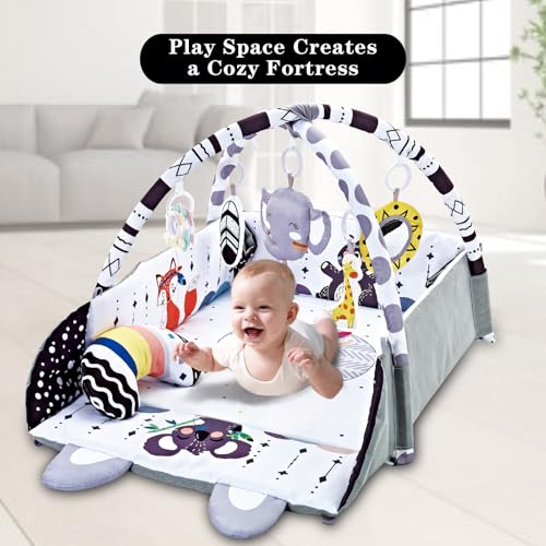 TFDER Baby Gym Play Mat, 8-in-1 Tummy Time Mat & Activity Gym, Washable Ball Pit, Infant Play Mat with Detachable Toys for Sensory Exploration and Motor Skill Development