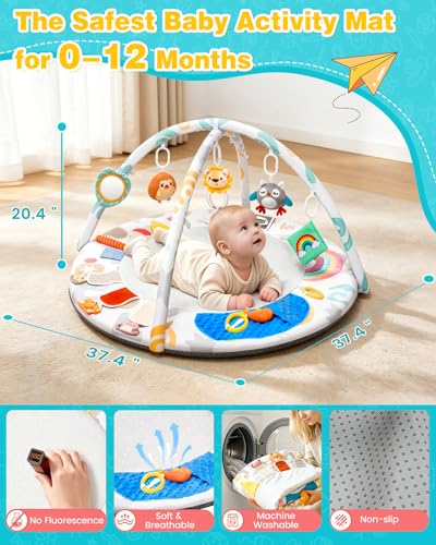 Montessori Baby Play Gym & Activity Mat for Brain Development (0-12Mo) | 5-Sensory Zones + 5 Toys |Portability Tummy Time Activity Mat Stage-Based for Newborn Brain Development Essential & Gift-Ready