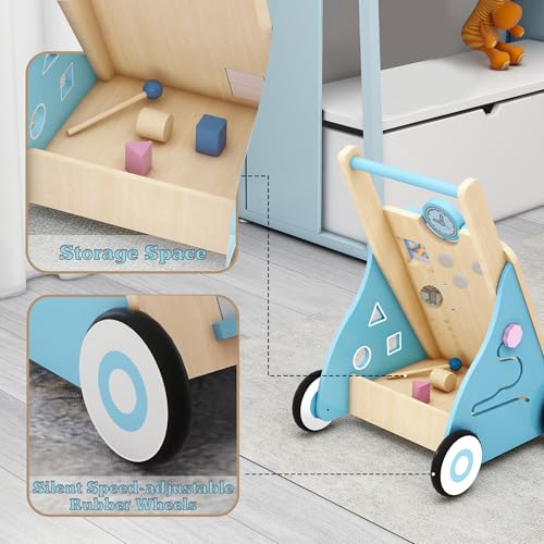 Tltaroni Baby Walker with Activity Center, Wooden Walker Toddler Push Walker Adjustable Height and Speed Montessori Walker Toy for Boys Girls Ages 9+ Months, Blue