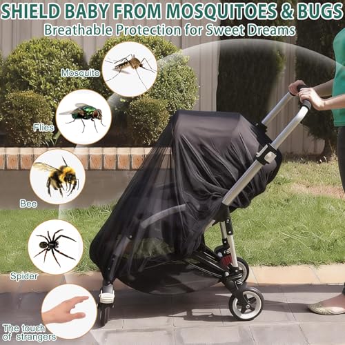 Baby Stroller Mosquito Net (2 Pack) - Durable Mesh Protection for Bassinets, Cradles, Playards, Pack N Plays & Portable Mini Cribs | Breathable Universal Fit Insect Barrier (Black)