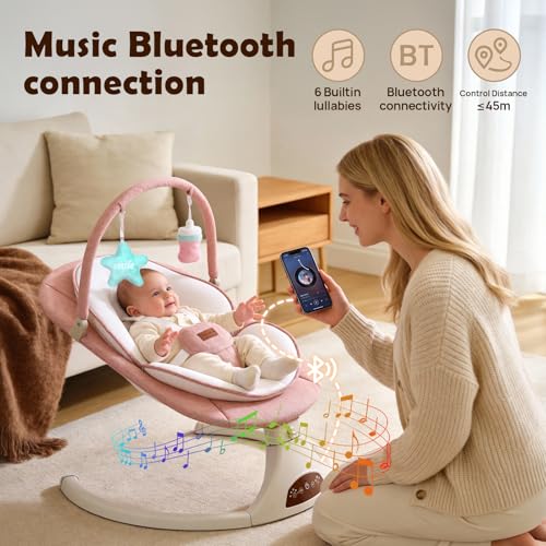 Baby Swings for Infants, Portable Stationary Infant Swing with 5-Speed Settings, Bluetooth Music & Timer, Suitable for Newborns up to 9 Months (Pink)