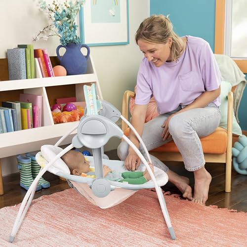 Bright Starts Portable Automatic 6-Speed Baby Swing with Adaptable Speed, Taggies, Music, Removable-Toy-Bar, 0-9 Months 6-20 lbs (Whimsical Wild)