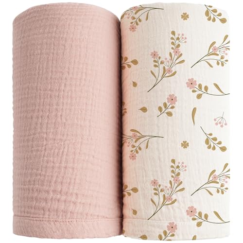 Konssy Muslin Swaddle Blankets for Girls Boys 2 Pack, 100% Cotton Receiving Baby Blanket Large 47 x 47 inches, Soft Breathable Swaddling Wrap for Unisex Newborn (Pink, Floral)