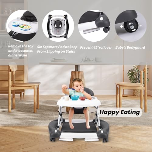 Baby Walker, 5-in-1 Baby Walkers for Boys and Girls 6-12 Months with Bouncer, Removable Footrest, Feeding Tray & Music, Foldable & Adjustable Activity Walker for 6-18 Months Toddler Infant