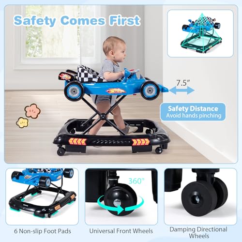 BABY JOY 4-in-1 Baby Walker, Foldable Activity Walker with Adjustable Height, Music & Lights, Anti-Rollover, Toddler Push Walker, Baby Walker with Wheels for Boys Girls 6-14 Months (Blue)