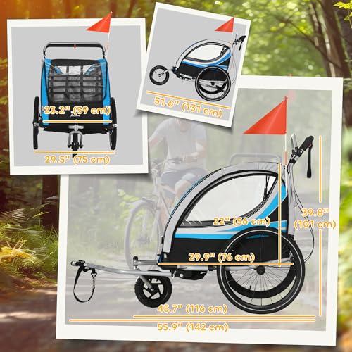 Aosom 3-in-1 Walk/Jog/Ride Child Baby Bike Trailer for Kids 2 Seater, High-Visibility Bike Stroller for Toddler Wagon, Weather-Strong Double Bicycle Trailer Accessory, Blue
