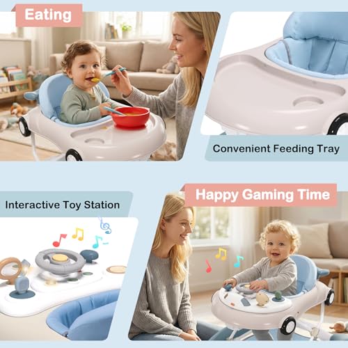 5-in-1 Convertible Baby Walker with Steering Wheel Music Activity Center – Infant Rocker, Jumper, Push Walker, Bouncer & Feeding Foldable Walker for Ages 6-18 Months Boys Girls (Haze Blue)