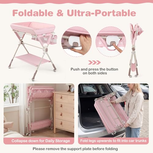 BABY JOY Portable Baby Changing Table, Foldable Diaper Changing Station with Wheels, Adjustable Height, Large Storage Rack, Removable Activity Arch, Mobile Nursery Organizer for Newborn Infant (Pink)