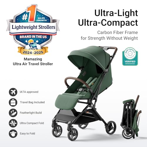 MAMAZING Ultra Air Lightweight Baby Travel Stroller with Carbon Fiber Frame, Compact & Airplane-Friendly, One-Handed Fold, 11.6 lbs, Perfect for Toddlers, Green