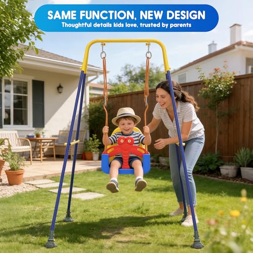 HAPPYMATY 3-in-1 Toddler Swing Set, Baby Swing with Safety Belt, Indoor/Outdoor, Easy to Assemble Kids Swing Seat with Sturdy Metal Stand for Playground, Backyard and Nursery, Blue Yellow