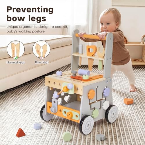 labebe Wooden Baby Walker, Baby Push Walker, Tool Toy for Toddlers, Adjustable Speed Baby Walker with Wheel, Learning Activity Walker for Girls Boys