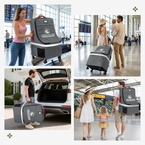 RAINSMORE Padded Car Seat Travel Bag for Airplane with Spinner Wheels, Heavy Duty Carseat Backpack for Air Travel Large Rolling Airport Gate Check Bags Fits Baby Car Seats & Boosters, Grey