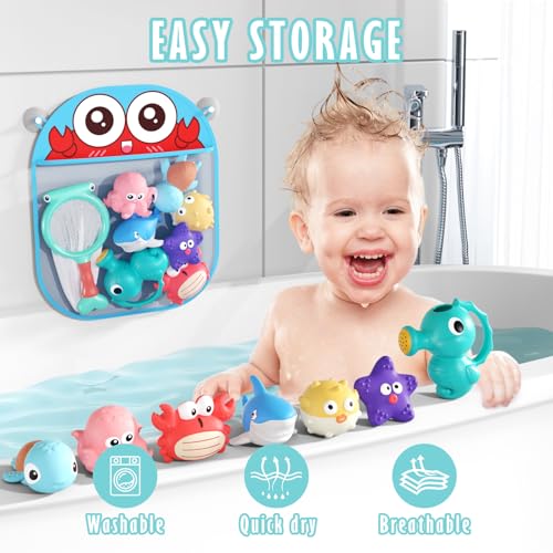 Mold Free Bath Toys for Toddlers 1-3, No Hole Ocean Animal Bathtub and Pool Toys with Mesh Organizer, Sensory Water Toys for Babies 6-12 Months, 9 Pack