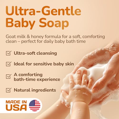MADE IN USA Baby Soap Bar with Goat Milk and Honey - Naturally Cold Processed from Organic Ingredients - Delicate for Newborn Skin, Gift for babys, Kids, Toddlers and Adults - Handmade in USA