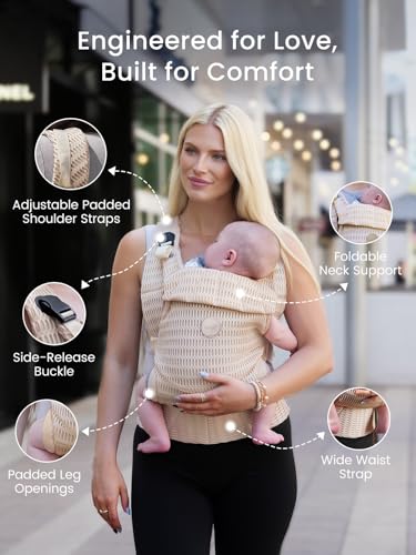 GROWNSY Baby Carrier Newborn to Toddler (7-44lbs), Ergonomic & Cozy Wraps Carrier with One-Click Buckle, Head Support for Hands-Free Comfort, Design for Infant to Toddler, Almond Beige