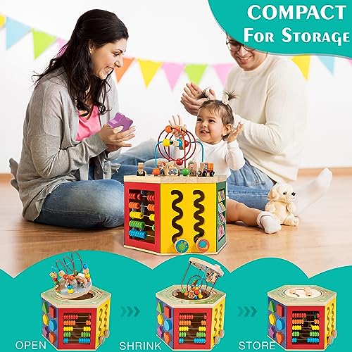 Large Activity Cube, 9-in-1 Farm-Themed Wooden Play Center, Multipurpose Montessori Toy for 1-2 Year Old Baby Toddler Kid, First Birthday Gift | Bonus Magnetic Train Cars