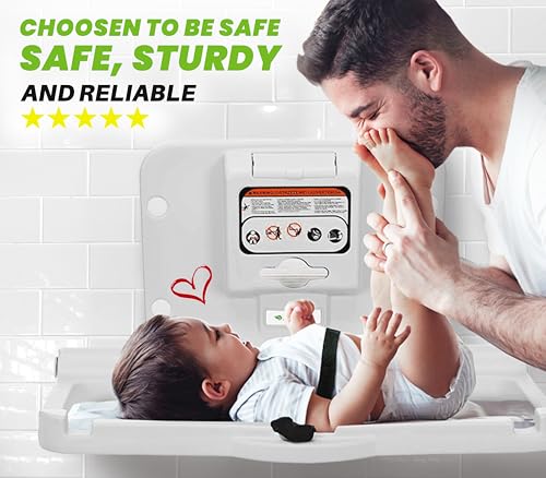 Alpine Wall Mounted Baby Changing Station - Horizontal Baby Changing Table Foldable Diaper Tables with Safety Strap for Commercial Bathroom, ADA Complaint (Hardware Included) White Gray