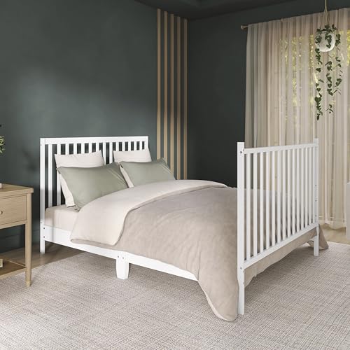 Dream On Me Synergy 5-in-1 Convertible Full-Size Baby Crib with Toddler, Day & Full Bed Conversion in White, GreenGuard Gold & BSA, 3 Mattress Heights, Sustainable Pinewood