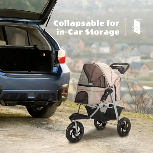 Critter Sitters 3-Wheel Jogging Dog Stroller with Storage Basket and Cup Holders, Modern and Stylish Pet Stroller for Medium to Large Pets up to 55 Pounds, Tan