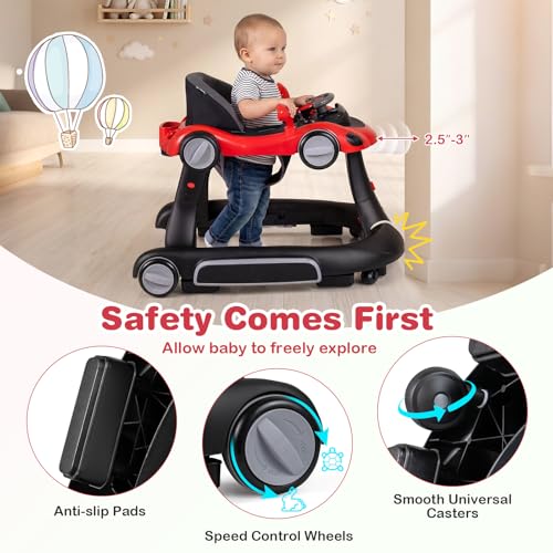 BABY JOY 7-in-1 Baby Walker, Foldable Baby Walker and Bouncer Combo with Handle, Adjustable Height & Speed, Music, Lights, Rocker/Push Mode, Baby Walker with Wheels for Boys Girls 7-18 Months (Red)