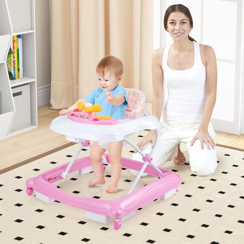 BABY JOY Baby Walker, 4 in 1 Foldable Activity Walker with Adjustable Height, Music, Lights, Anti-Rollover Toddler Push Walker, Baby Walker with Wheels for Boys Girls 7-14 Months (Pink)