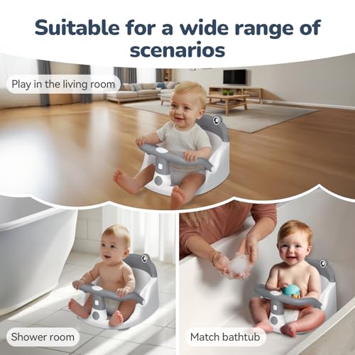 Baby Bath Seat for Babies 6 Months & Up - One-Handed Snap-On Armrest Baby Bath Chair | 4 Suction Cup Non-Slip Baby Bathtub Seat with Storage Bag | Ergonomic Infant Bath Seats for Baby Sitting Up Grey