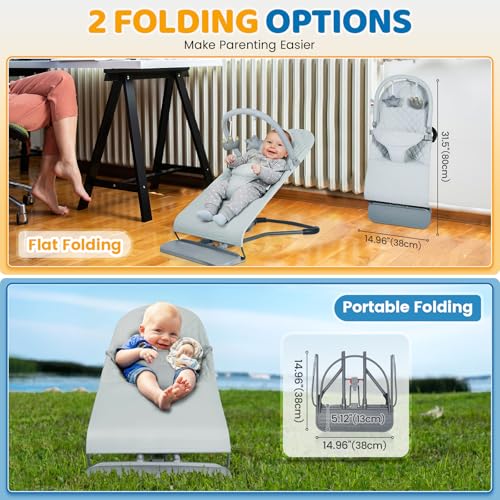 Orzbow Baby Bouncer, Portable Baby Bouncer Seat for 0-18 Months Up to 20 lbs - 3 Recline Positions, Foldable Infant Bouncy Seat with Removable Play Bar, Ergonomic Design, Grey