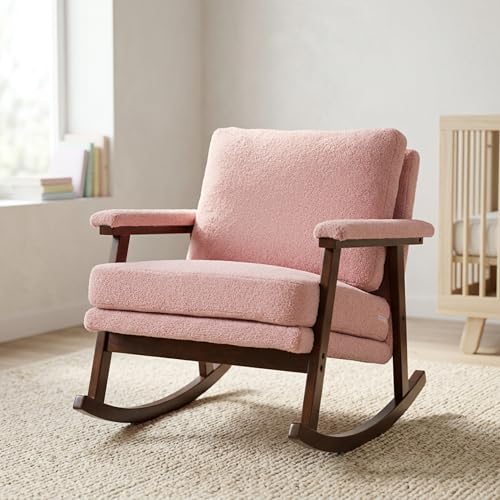 XJJWFR Rocking Chair Nursery, Compact Glider Rocking Chair for Indoor Use, Small Upholstered Rocker Chair for Bedroom Living Room, Teddy Fleece Accent Chair, Pink