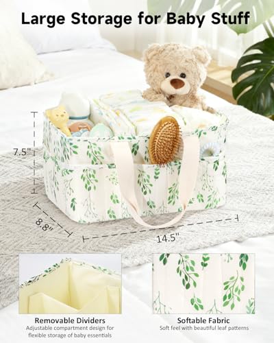 BuyCard Leaf Pattern Diaper Caddy Organizer, Nursery Storage Basket with Handle, Baby Essentials Holder, Cream with Green Floral Design
