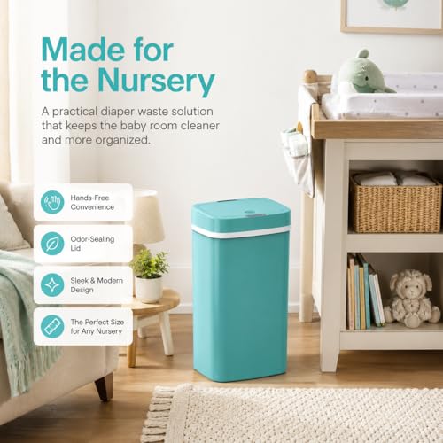 Delletir 15L Smart Diaper Pail with Motion Sensor Lid | Touchless Hands-Free Baby Diaper Trash Can | Double Locking Seal | Slim Space-Saving Design | Quiet & Durable (Turquoise)