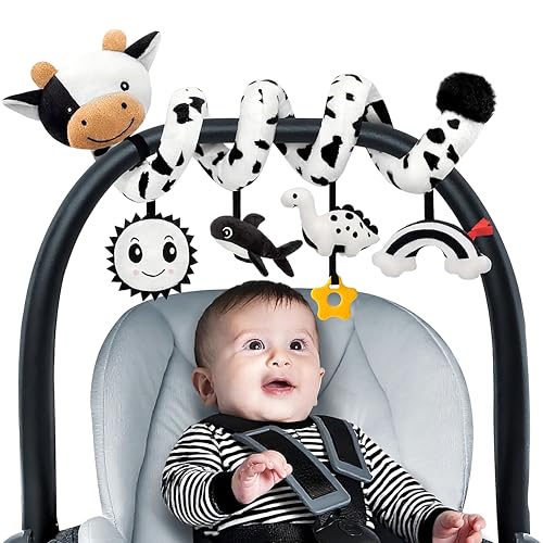 Spiral Car Seat Baby Toys 0-6 Months, Infant Carseat High Contrast Sensory Toys Hanging Stroller Accessories, Newborn Shower Gifts for Baby Boys Essentials Stuff, Cute Black and White Cow