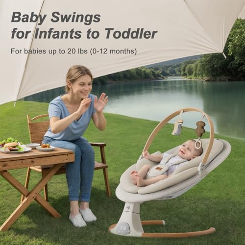 Baby Swings for Infants, Monamii Baby Swing, Bluetooth Infant Swing with Music Speaker, 5 Speeds and Remote Control, Indoor & Outdoor Use (Beige)