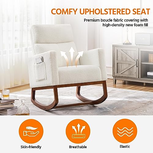 Yaheetech Upholstered Rocking Chair, Boucle Glider Chair Nursery Chair with High Back and Side Pocket, Rocking Accent Armchair with Rubber Wood Legs for Living Room/Bedroom/Nursery, Ivory
