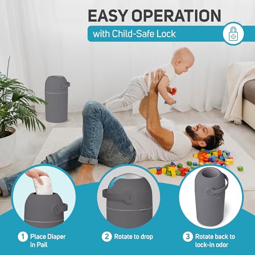 L.A. Baby Magic Diaper Pail - Patented 100% Odor-Free System with Child-Safe Lock - Award-Winning Design - No Refills Required - Works with Regular Trash Bags - Gray