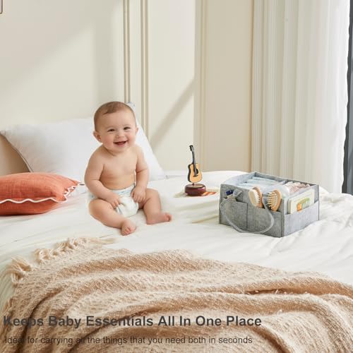 Ciuifoiy Upgraded Baby Diaper Caddy Organizer, Portable Nursery Storage Bin with Handle, Side Pockets Car Organizer for Diapers and Baby Wipes Essentials, Registry Gift Baskets (Small-Grey)