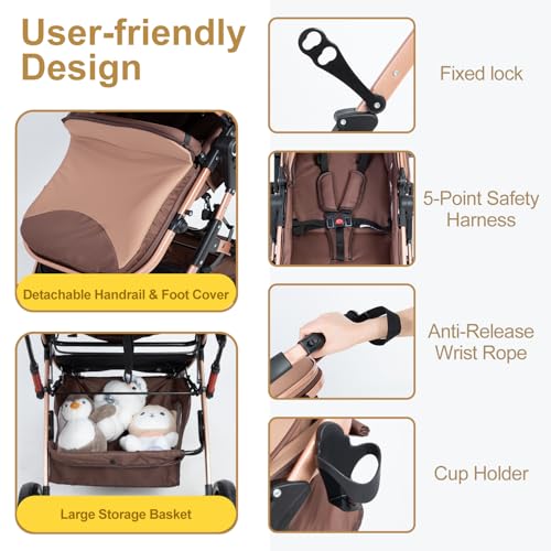 2 in 1 Baby Stroller Newborn Foldable Pushchair with Adjustable Canopy Folding High Landscape Infant Carriage, Anti-Shock Toddler Pushchair