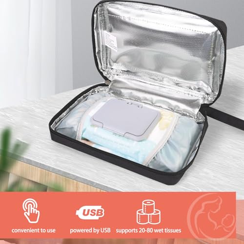 USB Baby Wipe Warmer, Portable Car Wipes Heater Warmer with 30°C to 60°C Adjustable Heating Temperature, Up to 80Pcs Wipes Capacity, for Home, Travel, Camping