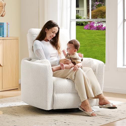 Jocisland Power Recliner Nursery Chair for Adults, Electric Swivel Rocking Glider with USB & Type-C Charge, Teddy Sherpa Armchair with 2 Pillows, Cozy Reclining Sofa for Living Room, Bedroom, White