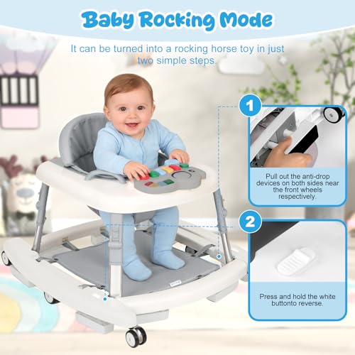Tickeagle 5-in-1 Baby Walker for Boys and Girls Music and Lights 6-18 Month, Foldable Baby Walkers with 5 Adjustable Heights, Infant Toddler Walker with Wheels and Bouncer Combo Portable (White)