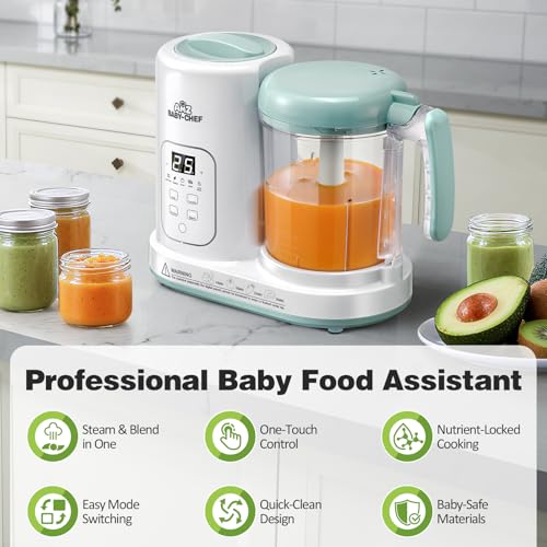 Baby Food Maker Pro Steamer Blender: 4 in 1 Auto Steam Blend and Puree Maker with Self-Clean for Healthy Baby and Toddler Meal Prep - BPA-Free White+Green