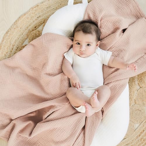 Konssy Muslin Swaddle Blankets for Girls Boys 2 Pack, 100% Cotton Receiving Baby Blanket Large 47 x 47 inches, Soft Breathable Swaddling Wrap for Unisex Newborn (Pink, Floral)