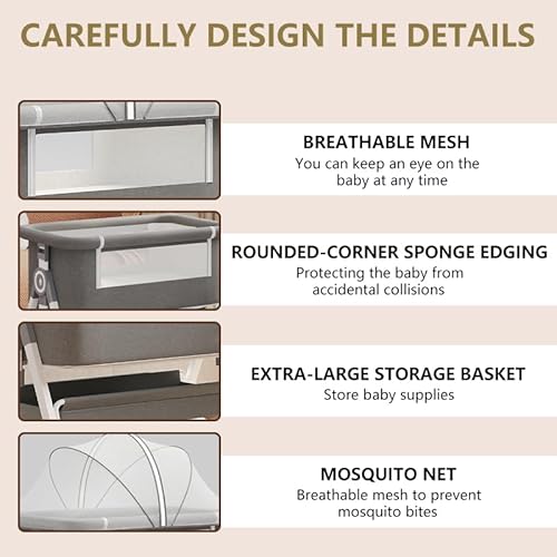 Nawahev Baby Bassinet,3 in 1 Baby Bassinets Bedside Sleeper with Wheels and Mosquito Net,Bedside Bassinet for Baby with Comfy Mattress, Mattress&Breathable Mesh,Storage Basket