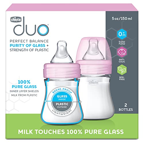 Chicco Duo 5oz Hybrid Baby Bottle, Real Glass Inside, Lightweight Plastic Outside, Patented Invinci-Glass Technology, Intui-Latch Nipple, 2-Pack, Clear/Pink