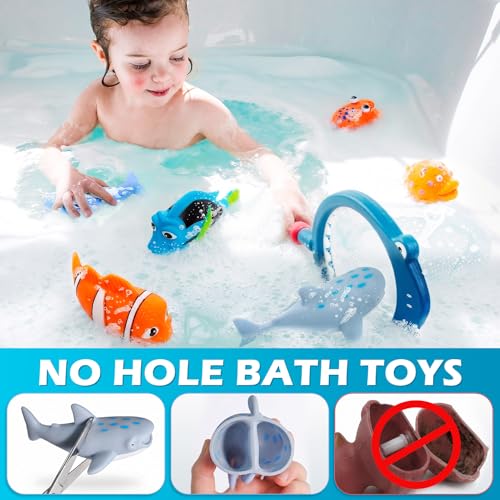 No Hole Mold Free Baby Bath Toys for Kids Ages 1-3, Water Toys for 6-12 Months Infants with Storage Bag, Baby Shark Toys for Pool, Bathtub, Beach, Shower, Tub,Ideal Gifts for Kids Boys and Girls