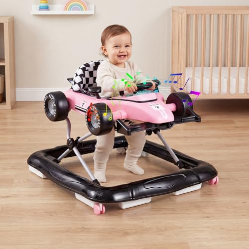 BABY JOY 4-in-1 Baby Walker, Foldable Activity Walker with Push Mode, Adjustable Height, Lights, Anti-Rollover, Baby Walker with Wheels for Boys Girls 6-18 Months (Pink)